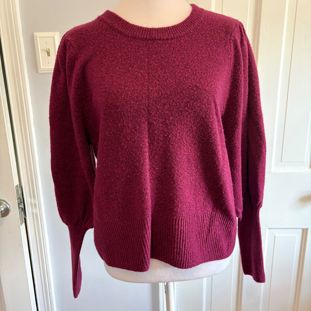 Vince Camuto Womens Medium Sweater Magenta Puff Sleeve Crewneck Marled
